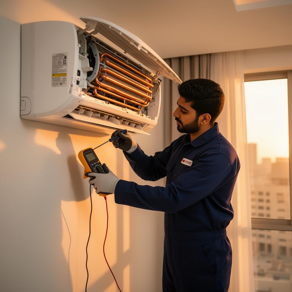 Technician repairing a split air conditioner in Riyadh